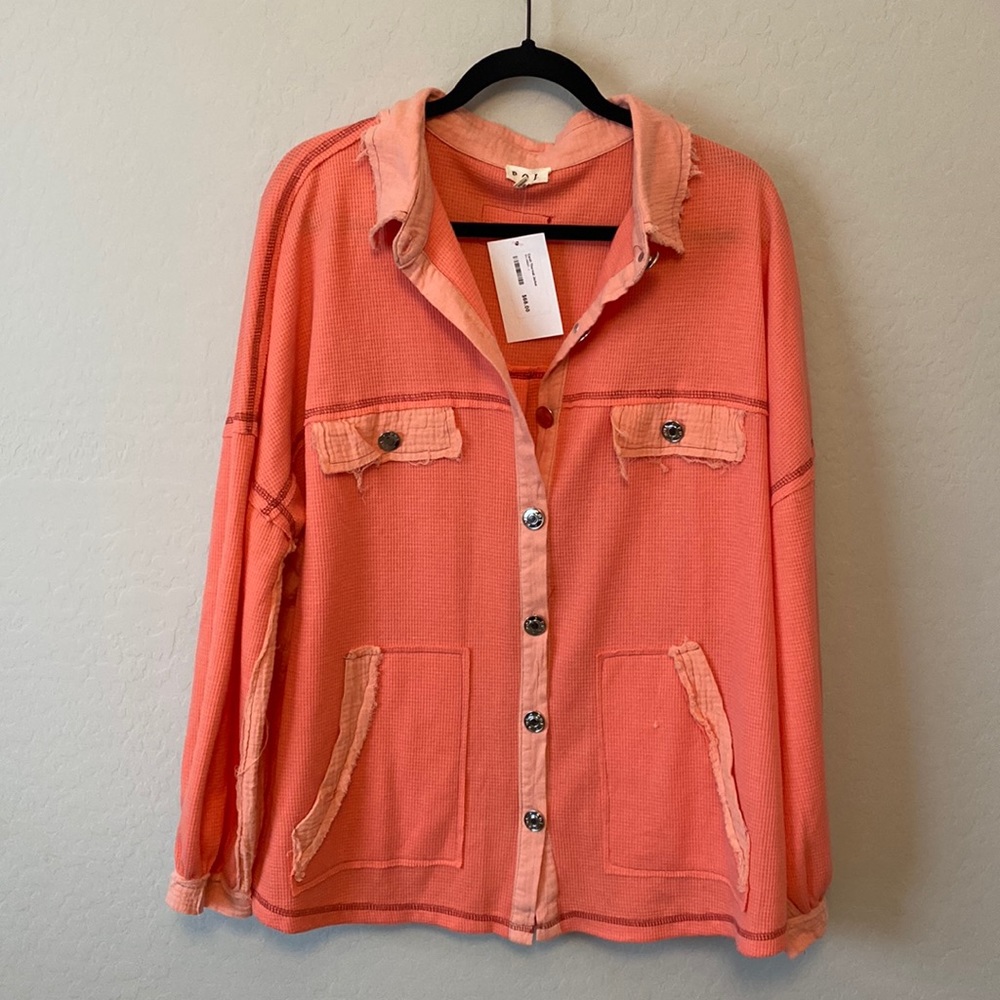 Pol Neon Pink Peach Candi Thermal Jacket Shacket Balloon Sleeves Size La…